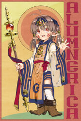 Rule 34 | 1girl, antenna hair, blue headband, blush stickers, boots, brown boots, brown hair, character name, commentary, facepaint, fantasy, full body, gold ring, hair between eyes, hair intakes, hair ornament, headband, high heel boots, high heels, holding, holding staff, jewelry, kneehighs, long sleeves, looking at viewer, looking to the side, medium hair, multicolored kneehighs, multicolored robe, okuribi, open mouth, original, pendant, pointy ears, red eyes, red sash, ring, robe, sash, smile, socks, solo, staff, standing, tabard, teeth, upper teeth only, waving, wide sleeves
