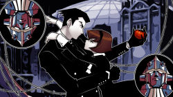 Rule 34 | 1boy, 1girl, android, bad id, bad pixiv id, big o (mecha), black eyes, black gloves, black hair, bob cut, butcher shop, couple, food, formal clothes, gloves, height difference, hetero, hug, kannazuki no miko, miko embrace, pale skin, parody, petite, r dorothy wayneright, red hair, roger smith, short hair, suit, the big o, tomato