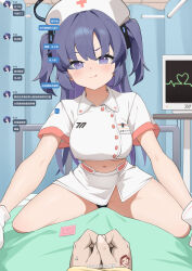 1boy 1girl absurdres bed black_panties blue_archive breasts cardiogram condom condom_wrapper doodle_sensei_(blue_archive) gloves hat heart highres hoshi_kitsune hospital_bed large_breasts licking_lips long_hair looking_at_viewer midriff miniskirt navel nurse nurse_cap panties pov purple_eyes purple_hair sensei_(blue_archive) short_sleeves skirt solo_focus tongue tongue_out translation_request two_side_up underwear white_gloves white_skirt yuuka_(blue_archive)