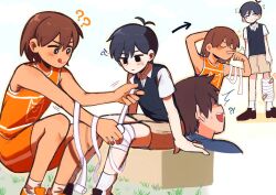 Rule 34 | !?, 3boys, ?, ??, antenna hair, arrow (symbol), bandaged leg, bandages, black eyes, black hair, black sweater vest, blue sweater, bright pupils, brown hair, brown shorts, closed mouth, collared shirt, flying sweatdrops, hero (faraway) (omori), hero (omori), highres, kel (faraway) (omori), kel (omori), male focus, multiple boys, omori, orange shoes, orange shorts, parted lips, pasuta928008, shirt, shoes, short hair, shorts, sneakers, socks, squatting, sunny (omori), sweatdrop, sweater, sweater vest, teeth, tongue, tongue out, upper teeth only, white pupils, white shirt, white socks