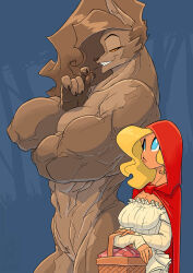 2girls abs blue_eyes breasts brown_hair cloak forest furry furry_female height_difference hood jolly_jack large_breasts little_red_riding_hood_(fairy_tale) little_red_riding_hood_(fairy_tale_character) long_hair looking_at_another multiple_girls muscular muscular_female nature orange_eyes original picnic_basket picnic_blanket sharp_teeth size_difference smile teeth thick_thighs thighs toothpick wolf_girl