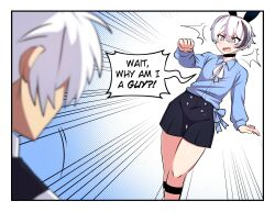 2boys ^^^ aki_(sketchkun) animal_ear_hairband animal_ears black_choker black_hairband black_shorts black_streaks blue_eyes blue_shirt blush border bright_pupils choker commentary double-parted_bangs emphasis_lines english_commentary english_text fake_animal_ears fang genderswap genderswap_(ftm) hair_between_eyes hairband hand_up highres long_sleeves male_focus merryweather multicolored_hair multiple_boys open_mouth original rabbit_ear_hairband rabbit_ears sally_sinclair shirt short_hair shorts speech_bubble streaked_hair white_border white_hair white_pupils