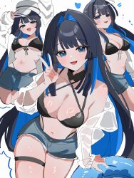 Rule 34 | 1girl, :d, absurdres, bare shoulders, bikini, bikini under shorts, black bikini, black hair, blue eyes, blue hair, blunt bangs, breasts, cleavage, colored inner hair, commentary, cutoffs, fangs, front-tie bikini top, front-tie top, hair intakes, hana20000920, hat, heart, highres, hololive, hololive english, jacket, large breasts, long hair, midriff, multicolored hair, multiple views, navel, off shoulder, open clothes, open jacket, open mouth, ouro kronii, shorts, simple background, skin fangs, smile, swimsuit, symbol-only commentary, thigh strap, two-tone hair, v, very long hair, virtual youtuber, white background, white jacket