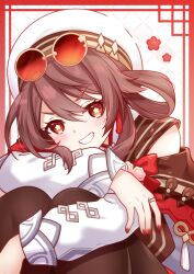 1girl blush brown_hair commentary_request eyewear_on_head fingernails flower-shaped_pupils genshin_impact grin hair_between_eyes hat highres hu_tao_(cherries_snow-laden)_(genshin_impact) hu_tao_(genshin_impact) long_hair long_sleeves looking_at_viewer m-1ng nail_polish official_alternate_costume red-framed_eyewear red_eyes red_nails round_eyewear sitting smile solo symbol-shaped_pupils tassel white_hat