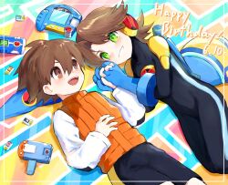 2boys battle_chip black_shorts blue_bodysuit blue_helmet bodysuit brothers brown_hair dated green_eyes happy_birthday helmet holding_hands interlocked_fingers lan_hikari_(mega_man) male_focus mega_man_(series) mega_man_battle_network_(series) megaman.exe multiple_boys orange_vest rokuroku551 shirt shorts siblings twins unworn_headwear unworn_helmet vest white_shirt
