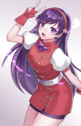 1girl :d absurdres asamiya_athena bike_shorts bike_shorts_under_skirt black_shorts breasts commentary cowboy_shot cummerbund earrings fingerless_gloves gloves hair_ornament hairband highres jewelry long_hair looking_at_viewer nori_tarou open_mouth puffy_short_sleeves puffy_sleeves purple_eyes purple_hair red_gloves red_hairband red_skirt red_vest shirt short_sleeves shorts simple_background skirt smile solo star_(symbol) star_hair_ornament swept_bangs the_king_of_fighters the_king_of_fighters_&#039;98 very_long_hair vest w white_background white_shirt