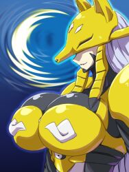 Rule 34 | 1girl, akeikou, alternate breast size, armor, black bodysuit, blue background, bodysuit, breasts, cleavage, commentary request, covered eyes, digimon, digimon (creature), facial mark, fox mask, grey hair, highres, huge breasts, long hair, mask, parted lips, profile, sakuyamon, see-through cleavage, see-through clothes, shoulder armor, smile, solo, standing, upper body, very long hair, yellow armor, yellow mask, yin yang, yin yang print