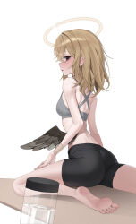 1girl absurdres ass bags_under_eyes barefoot bike_shorts black_eyes black_shorts blonde_hair breasts commentary_request criss-cross_halter feet grey_tank_top halo halterneck highres long_hair looking_at_viewer looking_back mansu_(user_pnmp4287) open_mouth original shorts simple_background single_wing small_breasts soles solo stretching sweatdrop tank_top toes white_background wings yellow_halo