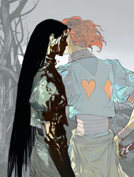 2boys absurdres armband black_hair blood blood_on_clothes cowboy_shot cropped_jacket ghost12 green_jacket hand_on_own_hip high_collar highres hisoka_morow hunter_x_hunter illumi_zoldyck jacket long_hair looking_to_the_side male_focus multiple_boys puffy_short_sleeves puffy_sleeves red_armband red_bandage red_hair short_hair short_sleeves straight_hair wavy_hair