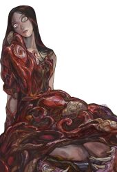 1girl absurdres alice:_madness_returns alice_(alice_in_wonderland) american_mcgee&#039;s_alice bare_arms bare_legs bare_shoulders black_hair disembodied_eye dress expressionless flesh head_tilt highres kudedove long_hair sharp_teeth sitting solo teeth