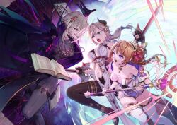 3girls artist_collaboration atelier_(series) atelier_resleriana black_coat black_gloves black_pantyhose blue_eyes bodystocking book braid breasts brown_hair choker cleavage coat commentary_request criselda_(atelier) dress evil_smile fighting floating_hair furrowed_brow gloves grey_hair hair_between_eyes holding holding_book holding_staff key_visual large_breasts long_hair long_sleeves looking_at_another medium_breasts multiple_girls noco_(adamas) official_alternate_costume official_art open_book open_mouth pantyhose partially_fingerless_gloves promotional_art resna_sternenlicht resna_sternenlicht_(awakened_future) second-party_source smile staff standing thighhighs tokki umiu_geso valeria_(atelier) valeria_(awakened_past)_(atelier) white_dress white_thighhighs