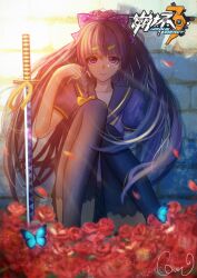 Rule 34 | 1girl, black serafuku, blue butterfly, bow, braid, brick wall, bug, butterfly, closed mouth, flower, hair bow, highres, honkai (series), honkai impact 3rd, insect, katana, long hair, outdoors, petals, planted, planted sword, planted weapon, polka dot, polka dot bow, ponytail, purple bow, purple eyes, purple hair, purple shirt, purple skirt, purple thighhighs, qwerggthankyou, raiden mei, red flower, red rose, rose, school uniform, serafuku, shadow, shirt, short sleeves, skirt, solo, sword, thighhighs, very long hair, weapon, yellow bow