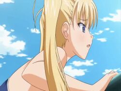 1boy 1girl akizuki_airi animated animated_gif blonde_hair blue_eyes bouncing_breasts breasts breasts_out clothed_sex deep_skin doggystyle english_text from_side grabbing_another&#039;s_breast grabbing_from_behind groping hanging_breasts hetero implied_sex large_breasts long_twintails moaning nipples one-piece_swimsuit oni_chichi profile sex sex_from_behind solo_focus subtitled swimsuit tagme twintails