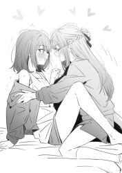2girls barefoot between_legs blush braid closed_eyes commentary_request greyscale half_up_braid heart highres kneehighs long_hair long_sleeves looking_at_another lwmina70119 medium_hair miyagi_shiori monochrome multiple_girls off_shoulder open_mouth sendai_hazuki shorts shuuniichido_classmate_wo_kau_hanashi smile socks sweat tank_top trembling yuri