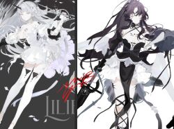 2girls :| black_corset breasts chest_markings cleavage closed_mouth collared_halterneck color_contrast corset detached_sleeves dress elbow_gloves feathered_wings feet_out_of_frame frilled_dress frills gloves grey_eyes hair_ribbon head_tilt high_ponytail holding holding_sword holding_weapon horns lance leggings long_hair looking_at_viewer low_wings multiple_girls original outstretched_legs polearm ponytail purple_hair ribbon shoulder_tattoo single_horn smile split_crop sword tattoo very_long_hair walking wavy_hair weapon white_dress white_hair white_leggings white_wings wings yoimon