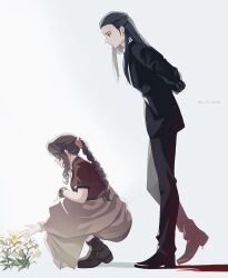 1boy 1girl absurdres aerith_gainsborough bangle bindi black_hair black_jacket black_suit bracelet braid braided_ponytail brown_hair cropped_jacket dress dress_shoes final_fantasy final_fantasy_vii final_fantasy_vii_remake flower formal_clothes hair_pulled_back hair_ribbon highres jacket jewelry long_dress long_hair maki_haruki pants pink_dress pink_ribbon red_jacket ribbon shirt smile square_enix squatting standing suit suit_jacket tseng turks_(ff7) twitter_username white_shirt