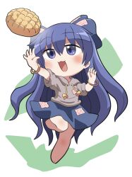 1girl :3 :d bangle barefoot blue_bow blue_eyes blue_hair blue_skirt blush bow bracelet bread chibi chibi_only commentary_request drawstring food full_body grey_hoodie hair_between_eyes hair_bow highres hood hood_down hoodie jewelry long_hair melon_bread open_mouth outstretched_arm patch rokugou_daisuke short_sleeves signature skirt smile solo standing standing_on_one_leg touhou very_long_hair white_background yorigami_shion