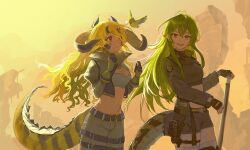 2girls absurdres antenna_hair arknights beak_hold belt bird black_gloves blonde_hair breasts commentary_request cowboy_shot crocodilian_tail crop_top cropped_jacket cuts day dragon_horns dragon_tail estelle_(arknights) facial_mark fingerless_gloves gavial_(arknights) gavial_(combat_medic)_(arknights) giving gloves green_hair hair_between_eyes hair_over_one_eye hand_on_hilt highres horns injury jacket jfjf juliet_sleeves large_breasts long_hair long_sleeves looking_at_another looking_to_the_side looking_up midriff mouth_hold multicolored_hair multiple_girls navel official_alternate_costume open_clothes open_jacket outdoors pants parted_lips photoshop_(medium) pointy_ears ponytail pouch puffy_sleeves red_eyes revision ruins scar smile surprised tail thigh_strap thighhighs two-tone_hair wavy_hair white_thighhighs