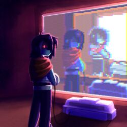 3others blue_hair blue_skin cape colored_skin deltarune duplicarto glowing glowing_eye hero_sword_(deltarune) kris_(dark_world)_(deltarune) kris_(deltarune) looking_at_viewer looking_back multiple_others multiple_persona other_focus pixelated recursion red_cape screen shaded_face short_hair standing