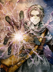 1boy absurdres aqua_gloves aqua_tunic armor bag breastplate brown_armor commentary_request dragon_quest dragon_quest_vi floating_hair gloves gradient_background highres lightning looking_down magic male_focus mayim no_headwear open_hand painting_(medium) purple_eyes short_hair shoulder_bag solo terry_(dq6) traditional_media tunic upper_body watercolor_(medium) white_hair