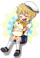 Rule 34 | 1boy, blonde hair, blue eyes, blue shorts, digimon, digimon adventure, hat, head wings, highres, hug, hug from behind, male focus, mandora (dora 6905), patamon, shirt, shorts, smile, suspenders, takaishi takeru, white hat, white shirt, wings
