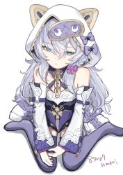 1girl 8sayo7_(8sayo7honkai) absurdres bare_shoulders blue_eyes bow closed_eyes closed_mouth detached_sleeves dress full_body highres honkai_(series) honkai_impact_3rd jacket long_hair looking_at_viewer meme purple_bow purple_thighhighs simple_background sitting sleep_mask solo teri_derp_(meme) theresa_apocalypse theresa_apocalypse_(schicksal&#039;s_imperative) thighhighs wariza white_background white_dress white_hair white_jacket white_sleeves