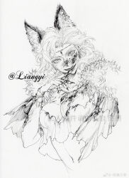 Rule 34 | absurdres, animal ear fluff, animal ears, artist name, bead necklace, beads, blood, blood on clothes, blood on face, blood on hands, bracelet, breasts, chinese commentary, circlet, closed mouth, commentary request, commission, crop top, eyelashes, forehead, greyscale, head tilt, highres, jewelry, large breasts, liangyi yuehua, licking, licking finger, long hair, looking at viewer, messy hair, monochrome, multiple bracelets, necklace, nib pen (medium), open mouth, original, pen (medium), sample watermark, sharp teeth, shirt, short sleeves, smile, teeth, torn clothes, torn shirt, torn sleeves, traditional media, watermark, weibo watermark, wolf ears