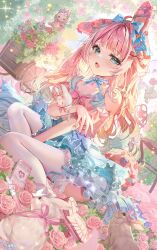 1girl absurdres animal_ears blue_bow blue_choker blue_eyes blue_flower blue_skirt bow choker fang flower frilled_choker frills gradient_hair hair_bow hair_flower hair_ornament highres indie_virtual_youtuber isari_sensei long_hair multicolored_hair open_mouth pink_bow pink_flower pink_hair pink_rose pink_shoes rabbit rabbit_ears rabbit_girl red_flower rose shoes skin_fang skirt solo stuffed_animal stuffed_rabbit stuffed_toy thighhighs torinny_(vtuber) twitter_username virtual_youtuber wheel white_thighhighs