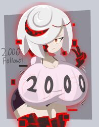 Rule 34 | 1girl, bikini, bikini visible through clothes, black bikini, black shorts, border, breasts, cleavage, closed mouth, clothes writing, collarbone, english text, glitch, grey background, grey border, grey shirt, hair over one eye, looking at viewer, multicolored hair, oppai loli, red eyes, red hair, sage (sonic), shirt, short hair, shorts, simple background, solo, sonic (series), sonic frontiers, streaked hair, swimsuit, thick thighs, thighs, v, white hair, yelladrill