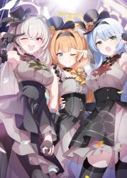 3girls absurdres animal_ear_fluff animal_ears black_gloves black_pantyhose black_thighhighs blue_archive blue_eyes blue_hair breasts cat_ears cat_girl commentary_request garter_straps gloves green_eyes halo hat highres holding_hands idol interlocked_fingers large_breasts long_hair looking_at_viewer mari_(blue_archive) mari_(idol)_(blue_archive) mine_(blue_archive) mine_(idol)_(blue_archive) mini_hat mini_top_hat multicolored_hair multiple_girls one_eye_closed open_mouth orange_hair paid_reward_available pantyhose parted_lips pink_hair purple_eyes sakurako_(blue_archive) sakurako_(idol)_(blue_archive) sideways_hat small_breasts streaked_hair striped_clothes striped_pantyhose teeth thighhighs top_hat ttt_(xtttx) upper_teeth_only vertical-striped_clothes vertical-striped_pantyhose white_hair white_halo yellow_halo
