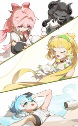 3girls absurdres blonde_hair blue_hair bow chinese_commentary closed_eyes closed_mouth cloudy_(wuthering_waves) collar commentary_request cosmos_(wuthering_waves) encore_(wuthering_waves) flower hair_bow hair_ornament hand_up highres huqu_(huqu45712) long_hair lying multiple_girls on_back open_mouth pink_bow pink_hair pink_pupils purple_eyes smile thick_eyebrows verina_(wuthering_waves) white_collar white_flower wuthering_waves youhu_(wuthering_waves)