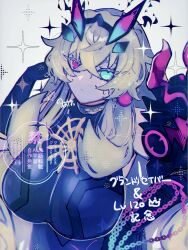 1girl absurdres armor bare_shoulders barghest_(fate) barghest_(second_ascension)_(fate) black_dress black_gloves blonde_hair breasts chain dress earrings elbow_gloves fate/grand_order fate_(series) gauntlets gloves green_eyes heterochromia highres horns jewelry large_breasts long_hair looking_at_viewer necklace noa_pisces pauldrons pendant red_eyes shoulder_armor single_gauntlet single_pauldron solo sparkle