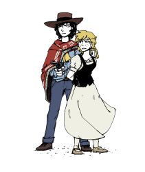 Rule 34 | 1boy, 1girl, a fistful of dollars, alternate costume, arms behind back, ascot, belt, black hair, blonde hair, blue shirt, boots, brown footwear, clint eastwood, collared shirt, cosplay, cowboy hat, cowboy western, denim, dollars trilogy, dress, freckles, frown, genderswap, genderswap (ftm), grey dress, gun, hakurei reimu, hand on another&#039;s shoulder, handgun, hat, highres, kirisame marisa, long sleeves, looking back, man with no name, man with no name (cosplay), no headwear, parody, poncho, revolver, serious, shinmera, shirt, shoes, short hair, simple background, socks, sombrero, standing, touhou, trigram, vest, weapon, white background
