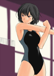 1girl amagami bare_shoulders black_hair bob_cut brown_eyes competition_swimsuit cowboy_shot female_focus murasaki_iro nanasaki_ai one-piece_swimsuit short_hair smile solo stretching swimsuit