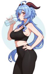 1girl absurdres ahoge alternate_costume black_pants black_sports_bra blue_hair bottle breasts cleavage commentary drinking ganyu_(genshin_impact) genshin_impact goat_horns hair_between_eyes hand_on_own_hip highres holding holding_bottle horns large_breasts long_hair looking_at_viewer moursho pants plastic_bottle red_eyes simple_background solo sports_bra sweat water_bottle white_background yoga_pants