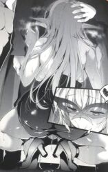 breasts clothes_pull crowd dress dress_pull elf fellatio from_behind greyscale hand_on_another&#039;s_head heart heavy_breathing high_heels in_heat large_breasts long_hair mage mask masquerade_mask monochrome ninoko no_panties oral pointy_ears public_indecency pussy_juice sex squatting sylpha_(ninoko) wet