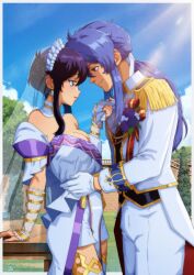 1boy 1girl absurdres arm_support ascot assertive_female bare_shoulders black_hair blue_hair blue_sky blush breasts bridal_veil bride brooch choker cleavage clothes_grab cloud commission commissioner_upload couple dress earrings eye_contact face-to-face fire_emblem fire_emblem:_genealogy_of_the_holy_war fire_emblem_heroes flower forehead-to-forehead formal_clothes gloves grass groom hair_tie half-closed_eyes hand_on_another&#039;s_waist heads_together hetero highres jewelry larcei_(bride_of_astra)_(fire_emblem) larcei_(fire_emblem) leaning_back long_hair looking_at_another medium_breasts neckwear_grab nintendo official_alternate_costume outdoors pelvic_curtain ponytail seliph_(fire_emblem) seliph_(light&#039;s_legacy)_(fire_emblem) short_hair sidelocks sky smile standing strapless strapless_dress suit thatpersonaguy thighhighs tiara tomboy tree tuxedo vambraces veil wedding_dress white_dress white_flower white_gloves