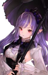1girl :t ahoge artist_name ascot black_nails bow bowtie breasts center_frills coconutcatcat frills highres holding holding_umbrella long_hair looking_at_viewer multicolored_hair pointy_ears purple_ascot purple_bow purple_bowtie purple_hair purple_umbrella red_eyes shrug_(clothing) solo streaked_hair umbrella vivian_banshee white_shrug zenless_zone_zero
