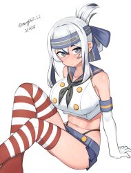 1girl absurdres anchor_hair_ornament black_hairband black_neckerchief black_panties blonde_hair blue_sailor_collar blue_skirt crop_top dated elbow_gloves feet_out_of_frame folded_ponytail gloves grey_eyes hair_ornament hairband highleg highleg_panties highres kamoi_(kancolle) kantai_collection long_hair maru_(marg0613) microskirt miniskirt neckerchief panties pleated_skirt sailor_collar shimakaze_(kancolle) shirt simple_background sitting skirt sleeveless sleeveless_shirt solo striped_clothes striped_thighhighs thighhighs twitter_username underwear upper_body white_background white_gloves white_hair