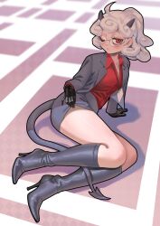 1girl absurdres black_boots black_gloves black_jacket black_skirt blush boots clothes_lift demon demon_girl demon_horns demon_tail gloves helltaker highres horns jacket looking_at_viewer lying on_floor on_side one_eye_closed pandawei pandemonica_(helltaker) red_eyes red_shirt round_eyewear shirt skirt skirt_lift tail white_hair