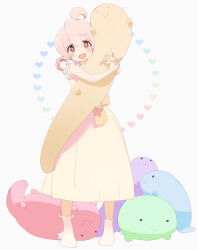 1girl :d ahoge bare_arms blush braid braided_hair_rings brown_eyes c: commentary_request dress full_body hair_between_eyes hair_rings heart highres hugging_object kyarahiba looking_at_viewer no_shoes onii-chan_wa_oshimai! open_mouth oyama_mahiro pink_hair simple_background sleeveless sleeveless_dress smile socks solo standing stuffed_toy white_background white_socks yellow_dress