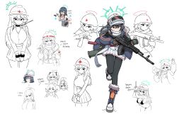 1girl ak-12 akm armband aru_(blue_archive) assault_rifle binoculars black_hair black_pantyhose blue_archive blue_armband blue_boots boots check_weapon closed_mouth coat cocktiel77 commentary commentary_request crossed_bangs drum_magazine english_commentary english_text eotech full_body fur-trimmed_boots fur_trim grey_eyes grey_halo gun hair_between_eyes halo hard_hat hat helmet highres holding holding_gun holding_weapon jacket kalashnikov_rifle korean_commentary long_hair long_sleeves machine_gun magazine_(weapon) minori_(blue_archive) mixed-language_commentary muzzle_device open_clothes open_coat optical_sight pantyhose pleated_skirt rifle rio_(blue_archive) rpg-30 running saki_(blue_archive) scarf scope shirt sight_magnifier simple_background skirt sniper_rifle solo standing standing_on_one_leg translated trigger_discipline vss_vintorez weapon weapon_on_back weapon_request white_background white_hat white_helmet white_scarf white_shirt white_skirt yuuka_(blue_archive)