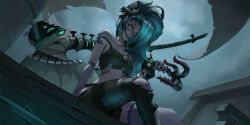 1girl absurdres aditya_nur afk_(series) afk_journey aqua_hair asymmetrical_clothes axe bandaged_arm bandages barbed_wire battle_axe black_bow black_pants black_shirt bow collarbone colored_skin crop_top eyelashes fog glowing glowing_eyes green_eyes grey_skin grin hair_bow hair_ornament hair_over_one_eye hand_up highres holding long_hair looking_at_viewer nara_(afk) one_eye_covered outdoors overcast pants parted_bangs parted_lips railing scar scar_on_arm scar_on_face scar_on_forehead scar_on_leg scar_on_stomach shirt sidelocks single_pantsleg sitting skull_hair_ornament sky sleeveless sleeveless_shirt smile solo stitched_mouth stitches strap_slip torn_clothes torn_pants v-shaped_eyebrows very_long_hair weapon weapon_on_back wooden_railing