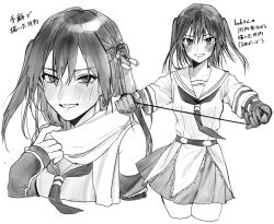 1girl commentary_request cropped_legs dual_persona gauntlets gloves greyscale highres kantai_collection monochrome multiple_views neckerchief oucha_(aupt31) sailor_collar sailor_shirt scarf school_uniform sendai_(kancolle) sendai_kai_ni_(kancolle) serafuku shirt short_hair string translation_request two_side_up