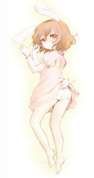 1girl animal_ears ass barefoot blush brown_hair duplicate female_focus gradient_background ica inaba_tewi legs lying orange_eyes panties rabbit_ears rabbit_tail short_hair solo tail touhou underwear white_panties
