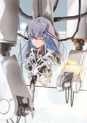 1girl absurdres android assembling beatless blue_hair factory highres industrial joints leicia long_hair mecha mecha_musume mechanical_arms mechabare no_humans non-humanoid_robot redesign robot robot_joints science_fiction skeleton solo uesugi_artbar