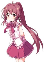 Rule 34 | 1girl, arms behind back, bare arms, bow, bowtie, brown eyes, center frills, commentary request, commission, cowboy shot, frilled skirt, frills, haru (konomi 150), highres, long hair, looking at viewer, pixiv commission, pleated skirt, ponytail, red bow, red bowtie, red skirt, shirt, simple background, skirt, sleeveless, sleeveless shirt, smile, solo, sugiura ayano, very long hair, white background, white shirt, yuru yuri