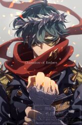 1boy ahoge bandaged_hand bandages black_jacket blue_hair closed_mouth commentary_request embers english_text fire flaming_hand floating_scarf frown green_eyes hair_over_one_eye hands_up highres jacket laurel_crown leather leather_jacket lighter_(zenless_zone_zero) long_sleeves looking_at_viewer male_focus one_eye_covered parted_bangs red_scarf scarf serious short_hair solo sota_cat spiked_jacket spikes sunglasses upper_body v-shaped_eyebrows watermark zenless_zone_zero