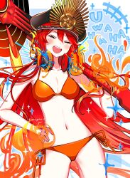 1girl bikini fate/grand_order fate_(series) fire hand_on_own_hip hat headphones headphones_around_neck highres laughing long_hair military_hat navel oda_nobunaga_(fate) oda_nobunaga_(swimsuit_berserker)_(fate) oda_nobunaga_(swimsuit_berserker)_(third_ascension)_(fate) orange_bikini over_shoulder red_hair side-tie_bikini_bottom swimsuit weapon weapon_over_shoulder yui_(tamagohan)