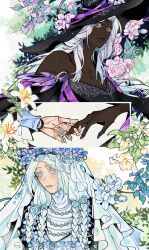 2girls bare_shoulders black_dress blue_eyes dark_skin doll_joints drenched-in-sunlight dress elden_ring elden_ring_nightreign flower hat head_wreath highres holding_hands jewelry joints large_hat long_hair long_sidelocks looking_down low_twintails multiple_girls necklace pale_skin purple_nails recluse_(elden_ring) revenant_(elden_ring) sidelocks twintails upper_body veil very_long_hair white_background white_hair white_veil witch witch_hat yellow_eyes